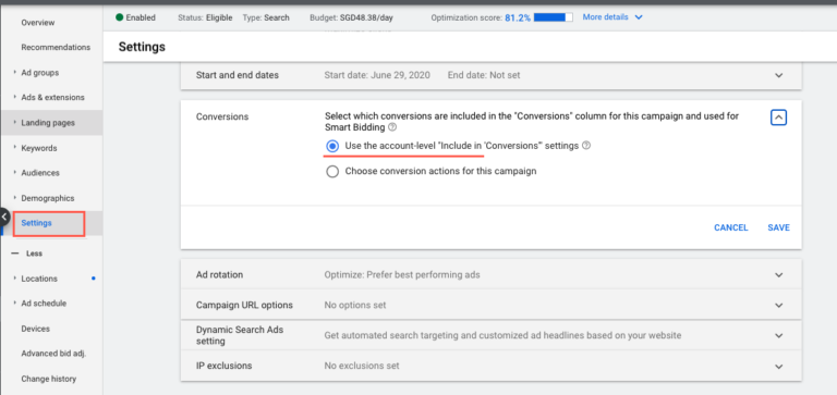 google ads campaign settings include in conversions
